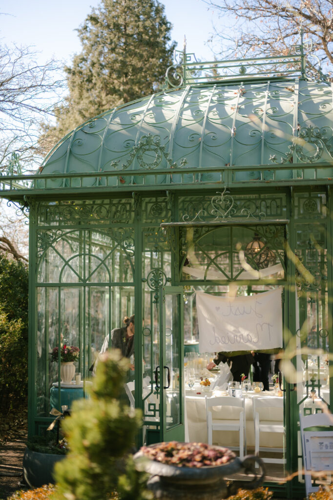 Greenhouse venue shot during wedding reception